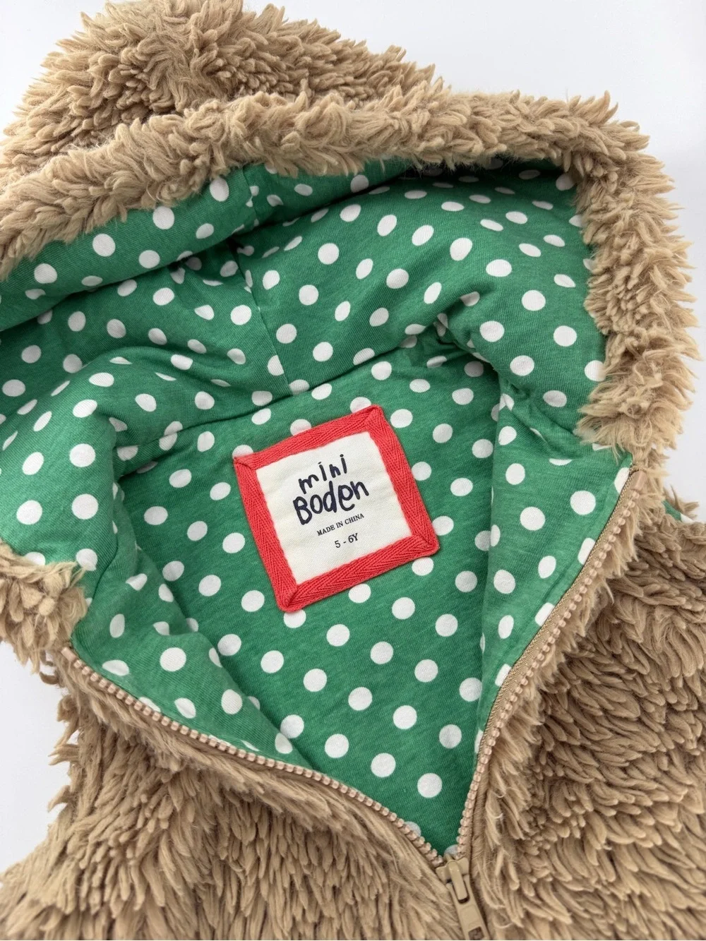 Mini Boden Green Polka Dot lined Tan Oatmeal Sherpa Vest 5-6Y Unisex